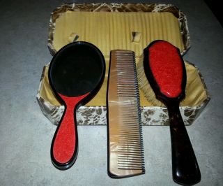 Vintage 3 - Pc Vanity Set Black And Red Celluloid Brush Comb Beveled Mirror W/box
