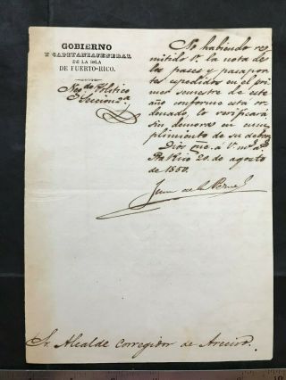 Puerto Rico 1850 Orden Remitir Pases Y Pasaportes,  Firma Gob.  Juan De La Pezuela