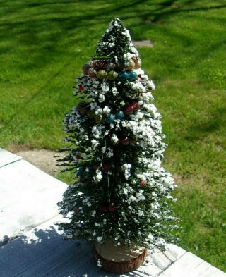 Vtg Flocked Bottle Brush Christmas Tree W Colorful Mercury Glass Garland Beads
