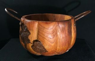 Pier One Fall,  Autumn Carved Wood Pumpkin Bowl Container Metal Leaf Decoration