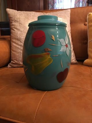 Vintage Bartlett Collins Glass Hand Painted Cookie Jar Turquoise