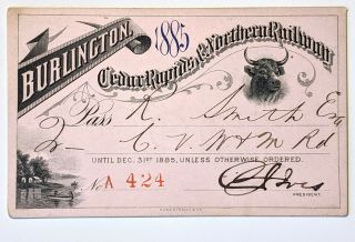 1885 Burlington,  Cedar Rapids & Northern Railway Annual Pass R Smith C J Ives