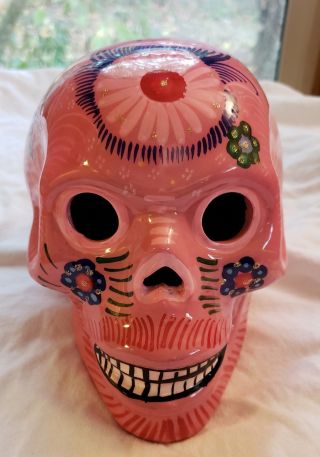 Large Hand Painted Pink Talavera Sugar Skull From Mexico