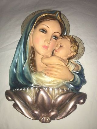Vtg Italy Columbia Statuary Chalkware Mary Madonna Baby Jesus Religious Plaque