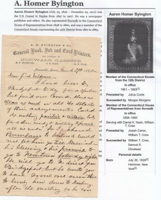 A Homer Byington 1860 Norwalk Ct Autograph Letter - Civil War Soldier Reporter