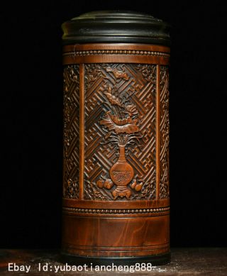 Chinese Folk Boxwood Wood Carving Plum Flower Pattern Tea Can Caddy Canister