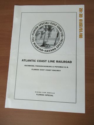 Atlantic Coast Line Railroad " Florida Special " Menu