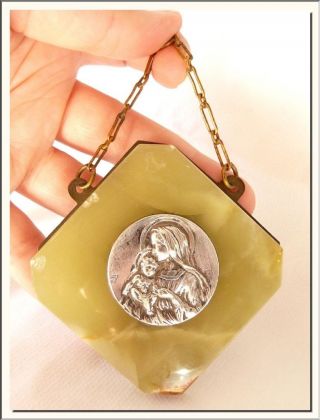 Antique French Virgin W/ Jesus Green Marble Shrine Plaque Signed Rufony