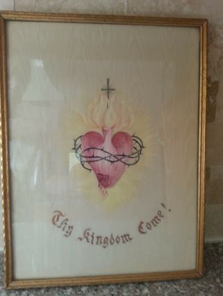 Antique Vintage Sacred Heart Of Jesus Silk Framed Painting Catholic Religious