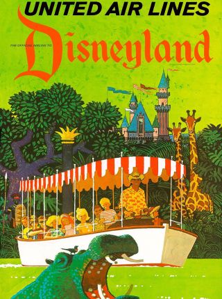 Anaheim Disneyland United Airlines Jungle Vintage Travel Advertisement Poster