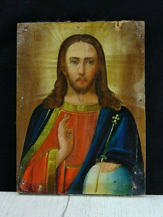 Antique 19th Orthodox Russian Hand Painted Wooden Icon Of Jesus Christ