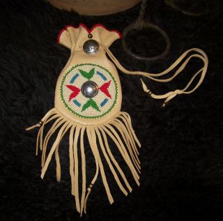 Hand Beaded Medicine Bag Tobacco Pouch 4 Directions Rosette - Indian Head Nickle