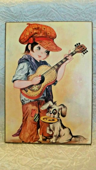 Vintage Big Eyed Print Boy With Dog And Guitar