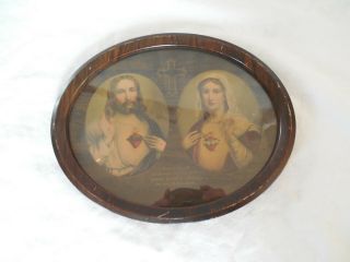 Vintage Jesus & Blessed Mother Mary Sacred Heart Picture In Metal Oval Frame 9 "