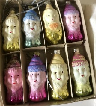 Vtg Mercury Glass Ornaments Snow White Seven 7 Dwarf - Russia - Russian Box Set - Ussr