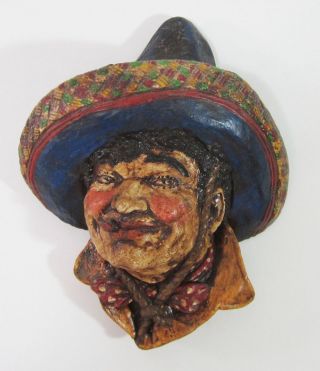 Vtg Mexican Folk Art Man Sombrero Hand Painted Plaster Retro Southwest Decor