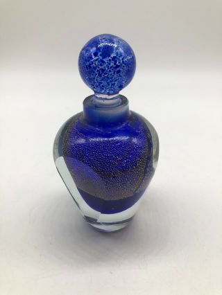 Vintage Studio Art Glass Perfume Bottle With Stopper Blue Iridescent Blown
