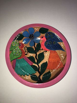 Birds And Flowers Hand Painted Wooden Bowl Made In Sayulita,  Mexico Signed