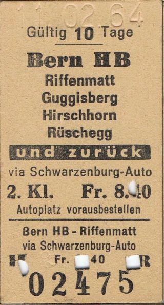 Railway Tickets Switzerland Bern To Ruschegg Second Class Return 1964