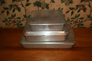 3 - Vintage Aluminum Cake Pans With (2) Slider Lids (13x9 And 8x8) (1) Foley Snap Lid
