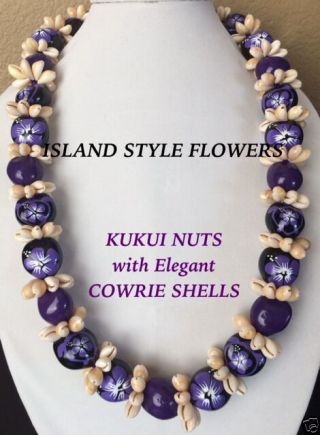 Hawaii Wedding Kukui Nut Lei W/ Cowrie Shell Graduation Luau Necklace - Purple