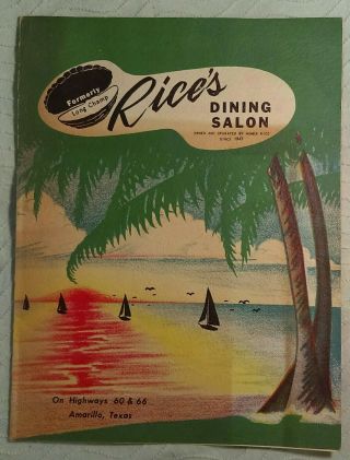 1950 ' S LONG CHAMP & RICE ' S DINING SALON MENUS AMARILLO TX,  TRAVELMAT & POSTCARD 4
