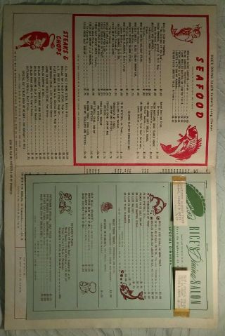 1950 ' S LONG CHAMP & RICE ' S DINING SALON MENUS AMARILLO TX,  TRAVELMAT & POSTCARD 6