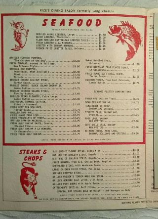 1950 ' S LONG CHAMP & RICE ' S DINING SALON MENUS AMARILLO TX,  TRAVELMAT & POSTCARD 7