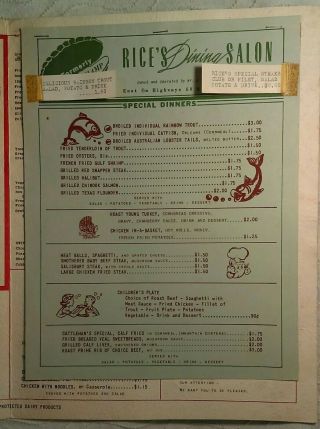 1950 ' S LONG CHAMP & RICE ' S DINING SALON MENUS AMARILLO TX,  TRAVELMAT & POSTCARD 8