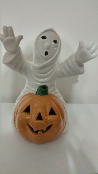 Vintage Halloween Hand Painted Ceramic Ghost W Jol Decoration Pumpkin Rare