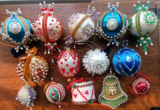 14 Vintage Hand Made Beaded Satin Ball Christmas Tree Ornaments Sequins Pearls