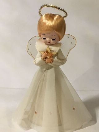 11 " Vtg Christmas Tree Topper Angel Gold Wire Mesh Wings Halo Blonde Hair