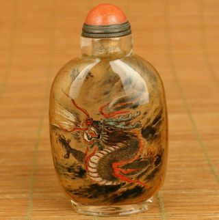 Chinese Old Glass Handpainted Dragon Statue Snuff Bottle Noble Gift