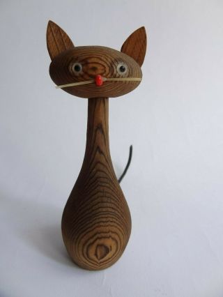 Mid Century Wood Wooden Cat Kitty Figurine Japan Signed Mod Retro Vintage
