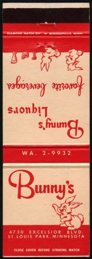 Vintage Matchbook Cover Bunnys Liquors Rabbits Pictured St Louis Park Minnesota