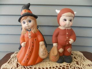 2 Piece Vintage Ceramic Girl Witch,  Boy Devil Trick Or Treat Halloween Decor.
