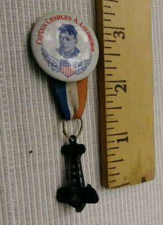 1930s Charles Lindbergh Celluloid Pin Button W/ Tootsietoy Bleriot Plane Ribbon