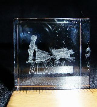 Laser - Etched Small Square Crystal Block W/dogsled & Alaska On The Bottom Edge
