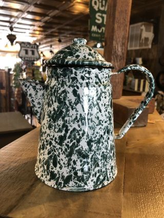 Antique Green And White Enamelware Tea Coffee Pot