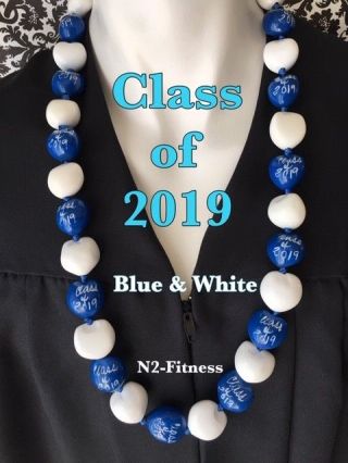 Hawaiian Kukui Nut Lei Class Of 2019 Graduation Lei Necklace Blue White