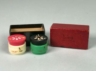 Vintage Ling Painted Flower Top Plastic Solid Perfume Jars (2) Rare