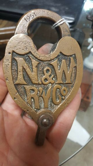 Norfolk & Western Railroad Brass Heart Shaped Switch Lock Dated 1951 N&w Rr