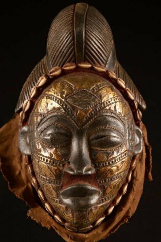 Rare Punu Tribe Puka Shell Queen Mask Old African Wood Carved 9725