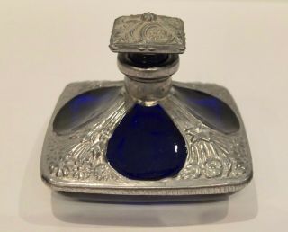 Vintage Perfume Bottle Of Cobalt Blue Glass With Silver Overlay 3 " X 3 " X 2 1/2 "