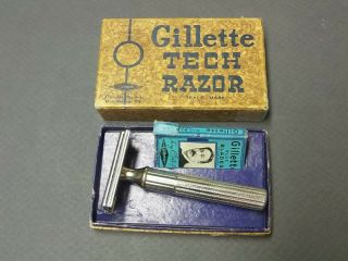 Vintage 1946 - 49 Gillette Tech - Safety Razor In Brown Paper Box