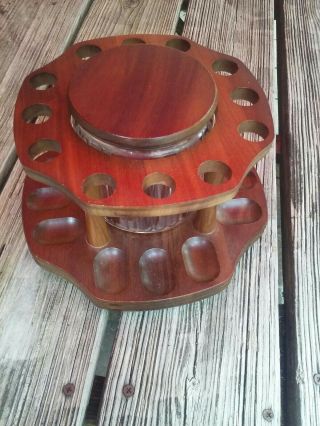 Vintage Aztec Large Walnut Wood Smoking Tobacco 12 Pipe Stand Holder Glass Jar