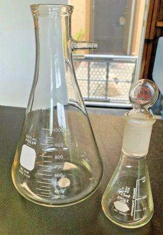 Lab Ware Flasks Pyrex No.  5340 & Kimax No.  26510 24/40 Glass Vintage U.  S.  A Set