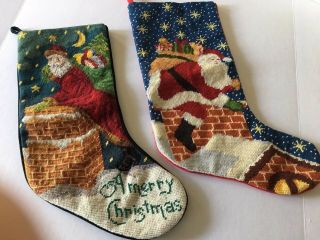 Hand Needlepointed Christmas Stockings Wool On Cotton Santa In Chimney