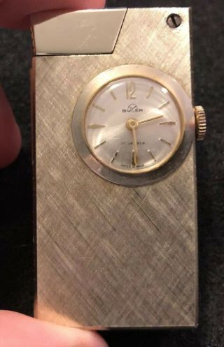 Vintage Art Deco Gold Tone Swiss Buler 17 Jewel Clock Watch Pocket Lighter