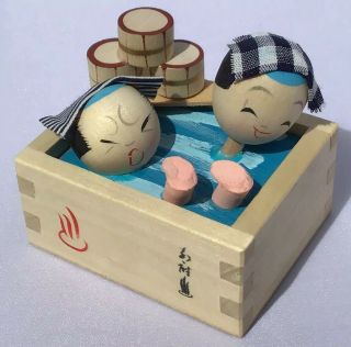 Set Of 2 Vintage Japanese Wooden Kokeshi Dolls Bathtub 50 60’s Orig Box 5